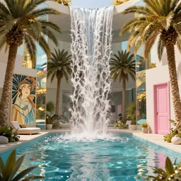 waterfall, indoor liminal space, golden light, greg rutkowski, palm trees, pink door, minimalistic, hyperrealistic surrealism, award winning masterpiece with incredible details, epic stunning, infinity pool mirrors, a surreal vaporwave liminal space with mirrors, highly detailed, trending on artstation, artgerm and greg rutkowski and alphonse mucha, daily deviation