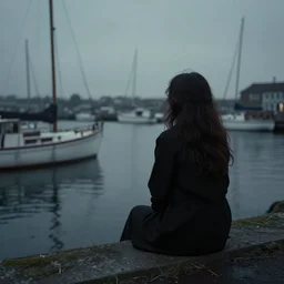a woman sitting at a harbour looking out at boats. gothic. soft lighting. eerie