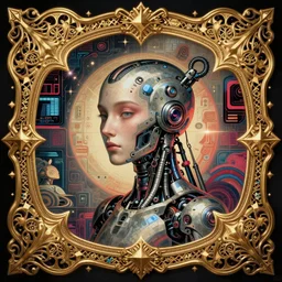 baroque rococo bedazzled gothic royalty fractal frames surrounding a futuristic japanese cyberpunk bladerunner silk screen by utagawa yoshiiku, ohara koson, pixiv contest winner, cyberpunk style, horrorcore cyberpunk color scheme, mechanical, robotic, human machine interface, high resolution, hd, bold clear lines