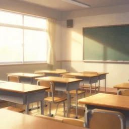 empty japanese classroom in golden hour lighting, key visual novel, clannad, digital painting, anime, dreamy