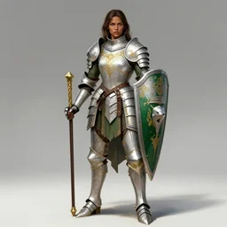 full body portrait of a rugged female warrior brown skin medium length brown hair and a very highly detailed face wearing elegant white, green and gold plate mail armor intricately painted, holding a huge tower shield, very highly detailed, artstation, realistic character concept artgerm, sharp focus, by greg rutkowski, and magali villeneuve