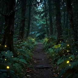 A path leading to a mystical creepy dark glowing leaf forest full of wonders and magic fireflies, scary pines, fireflies glow in the dark, magical atmosphere, trending on artstation, 30mm, by Noah Bradley