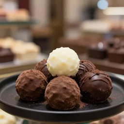 5 5 mm photo of a pile of freshly milk and dark chocolate truffles on a black plat in a candy store. dof. bokeh. magical atmosphere. art by greg rutkowski. highly detailed 8 k. intricate. lifelike. soft light. nikon d 8 5 0.
