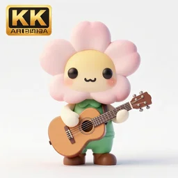 full body 3d render of a cute little flower with an acoustic guitar as a funko pop, studio lighting, white background, blender, trending on artstation, 8k, highly detailed