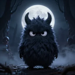 full shot portrait of angry cute and fluffy darkness creature at moonlight, inspired by Tim Burton, Norihiro Yagi, Marc Simonetti, Amano, Juri Misaki, Giger, darkness background, hyperdetailed, unreal engine 4k volumetric light, fog,
