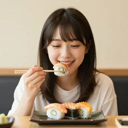 photo of a beautiful Japanese girl eating sushi, symmetrical, golden ratio, happy,