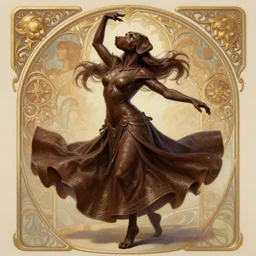full body photography of a female anthropomorphic chocolate labrador dancer, deep focus, d & d, fantasy, intricate, elegant, highly detailed, digital painting, artstation, concept art, matte, sharp focus, illustration, hearthstone, art by artgerm and greg rutkowski and alphonse mucha