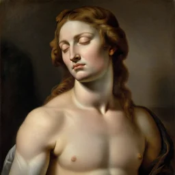 beautiful painting of a stunning woman with eyes closed and long flowing hair by michelangelo in 6