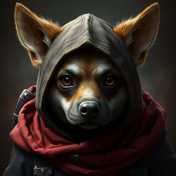 humanoid dog ; hood over head ; big eyes ; fantasy race ; dungeon master ; artstation trend ; digital art ; hyper realistic