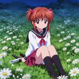 full body kimi no na wa shinsekai yori saitama zombie desu ka katana anime isekai shiki, anohana sitting in a field of daisies during night, by kimi no na wa