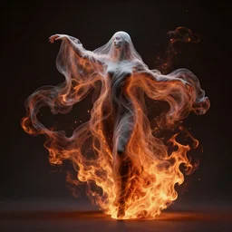 mid shot render of an ethereal ghostlike figure fluid simulation in houdini and fumefx dancing in dark flame and fire robes and silk veils by ilm, paolo roversi, nick knight, gill elvgren, beautiful futuristic simplified form distorted by turbulent movement, dark studio background, deep color, trending on artstation, hyperrealism, matte painting, dutch golden age, fine detail, zbrush central