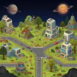 on main street in a small colony with futuristic modular buildings, on a remote planet, from a space themed point and click 2 d graphic adventure game, art inspired by the lord of the rings and thomas kinkade