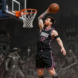 Messi dunking a basketball in the NBA, D&D style, fantasy, intricate, elegant, highly detailed, digital painting, artstation, concept art, matte, sharp focus, illustration, art by Artgerm and Greg Rutkowski and Alphonse Mucha
