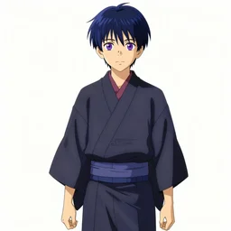 anime style, vivid, expressive, full body, 4 k, painting, a young teenager boy with straight indigo hair, purple eyes with red eye markers, slim body, wearing a detailed japanese kimono. stunning, realistic light and shadow effects, centered, simple background, studio ghibly makoto shinkai yuji yamaguchi