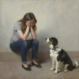 oil painting of contrite woman after cheating with dog