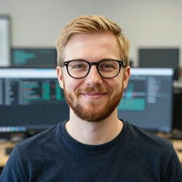 photo 3 0 year old male software developer, short blonde hair, short beard, black rim glasses, friendly