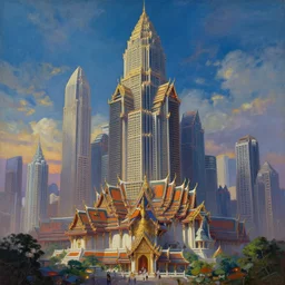 a giant thai architecture city bladerunner, tim hildebrandt, wayne barlowe, bruce pennington, donato giancola, trending on artstation, cinematic composition, beautiful lighting, hyper detailed, 8 k, oil on canvas