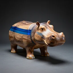 award - winning photo, full subject shown in photo, dramatic lighting, wood, epoxy resin, studio zeiss 1 5 0 mm f 2. 8 hasselblad, a photo of a model hippo made of repurposed elm wood composite mixed with straight lines blue epoxy resin