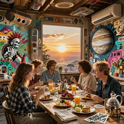 breakfast buffet at las pozas, graffiti by moebius, break of dawn on jupiter, punk, futuristic shabby chic, 1 9 7 0 cut out collage, technilogy, high detail, golden light, realistic