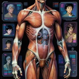 anatomically correct innards and muscles and futuristic machine parts with retro scifi interface screens by Peter Mohrbacher, by Katsuya Terada, by Paul Pope, by Roger Dean, by Kim Jung Gi, by Frank Frazetta, by Katsuhiro Otomo, by Mike Mignola, cyberpunk color scheme, some esoteric elements