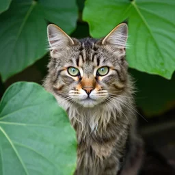 a maincoon cat among big green leaves, realistic, very detailed,