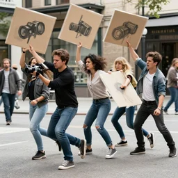 angry artists throwing canvases at people creating the first camera