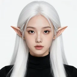 a beautiful portrait, white background, beautiful fantasy elf. black top, professionally retouched, soft lighting, realistic, smooth face, freckles on the nose, deep black eyes, long white hair, cute ears, wide angle, sharp focus on the eyes, 8 k high definition, insanely detailed, intricate, elegant, beautiful, art by artgerm and wlop