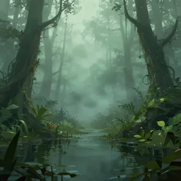 artistic swamp with mystic fog, ancient vegetation, water on the foreground, from horror movies, artstation, low poly