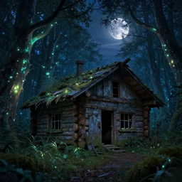 an abandoned log house in an ancient bioluminescent forest, waxing moon, greg rutkowski, 8 k, shallow depth of field, intricate detail, concept art,