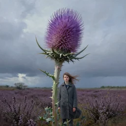 portrait, huge thistle flower head, a girl wearing coat in heather field, surreal photography, wind and cold, dramatic sky, impressionist painting, digital painting, artstation, simon stalenhag