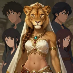 beautiful portrait of a female anthropomorphic lioness fursona arabian princess. exposed midriff and visible abs. character design by charlie bowater, ross tran, artgerm, and makoto shinkai, detailed, soft lighting, rendered in octane