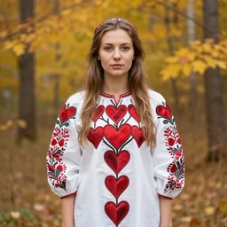 russian folk art. young woman with many hearts. autumnal colours. realistic