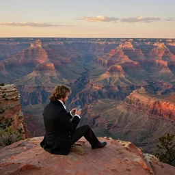 romantic painting, wide shot of a lone gentleman in 1 9 th century clothing ( looking at his cellphone )!!!!!! in front of a the grand canyon at sunrise, highly detailed, sublime, hyperrealistic, painted by caspar david friedrich and albert bierstadt, trending on artstation 8 k