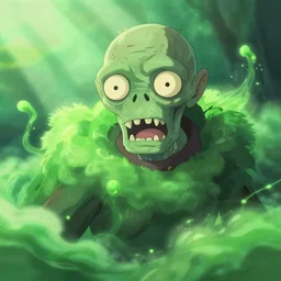 closeup upper body of magic fantasy zombie surrounded by green poison cloud, in a gentle green dawn light, studio ghibli, clean cel shaded vector art, cinematic lighting, volumetric lighting, smooth, sharp focus, highly detailed, render in unreal engine 5, artstation, deviantart, behance, trending, epic composition, octane, light rays, award - winning