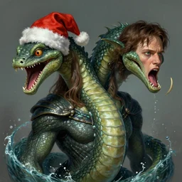 hydra of lerna with two heads, one head is lloyd christmas, the other head is harry dunne ( from dumb and dumber ), serpentine water monster, d & d, fantasy, portrait, highly detailed, digital painting, trending on artstation, concept art, sharp focus, illustration, art by artgerm and craig mullins