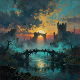 very textured post apocalyptic moody panoramic cinemascope background , sunset, cyan fog , portal to hell in the middle of painting, vine bridge silhouette over lake with backlight, castle ruins with backlight , dramatic sky , oil painting art with strong backlight by frazetta