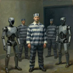 prisoners, robotic guards, human subjugation, mind control, dystopian, pj crook, edward hopper, oil on canvas