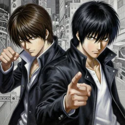 dante from devil may cry portrait yusuke murata and takeshi obata, fighting pose, inspired by death note 2 0 0 3 manga, intricate detail, photorealistic style, intricate detailed oil painting, detailed illustration, oil painting,, city in the background, painterly feeling, sharp high detail, sharp high detail face