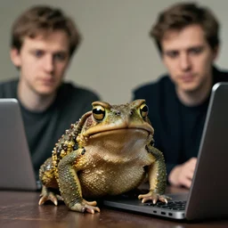 toad, in front of a laptop, james gilleard, ilya kuvshinov, very detailed, matte, gaussian blur, tone mapped
