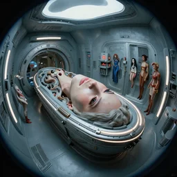 detailed face of a woman with obsidian eyes in a biomorphic sarcophagus, life support chamber, retro 7 0 s sci - fi, airlock, structure, fisheye, rim lighting, surreal lowbrow, pj crook, syd mead, livia prima, artgerm, greg rutkowski, nick alm, casey baugh