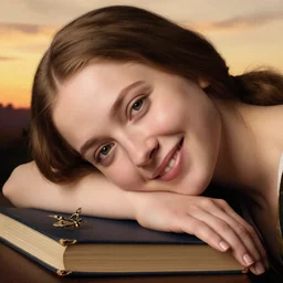 close up portrait of a joyful young woman with her head resting on a book. with moth. sunset. jan van eyck