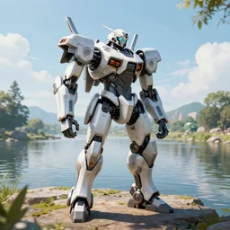 a futuristic mech robot in a beautiful river landscape