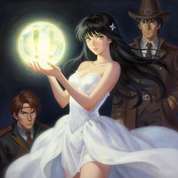 a woman in a white dress holding a glowing!!!!!!!!!!!!! ball!!!!!!!!!!!!!, a detailed painting by ross tran and stanley artgerm lau, featured on deviantart, fantasy art, anime, 2 d game art, official art