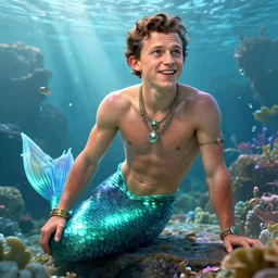 tom holland as a charming mermaid work safe dreamlike with jewelry, character art, hyperdetailed, 8 k realistic, frostbite 3 engine, cryengine, dof, trending on artstation, digital art