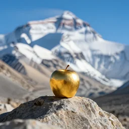 a golden apple is sitting on the peak of mount everest, clear focus, bokeh effect, high res, hasselblad, professional photo