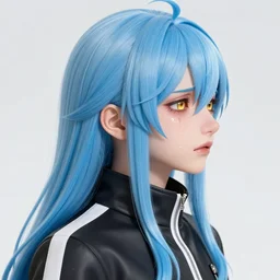 side profile of rimuru tempest crying with sky blue hair, long hair, gold eyes, high collar, black jacket with white stripes | shiny, highly detailed, rain, professional digital painting, concept art, award - winning photography, cinematic, wlop | art by pixiv art, ilya kuvshinov yoshitaka amano
