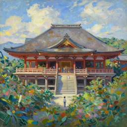 tiny character in front of a huge japanese temple in the mountain. gorgeous epic nature, lofi, vivid colors, amazing light, by jeremy lipkin, by claude monet, heavily inspired by makoto shinkai, kandinsky touches, masterpiece, multiple brush strokes, impressionist style