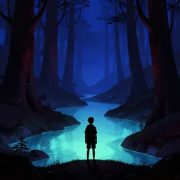 silhouette of a boy in a hilly dark sci - fi fantasy alien redwood forest with glowing ponds at dusk. perspective landscape fantasy science fiction. high contrast, strong shadows. deep colorful soft gradients, rich blue tones, black surroundings. by norman rockwell, eyvind earle, and moebius. sci - fi artstation