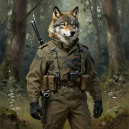 anthropomorphic furry wolf soldier wearing modern military gear in a forest, character design, painting by gaston bussiere, craig mullins, j. c. leyendecker, tom of finland