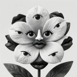 a black and white flower, every leaf of the flower is made of eyes, noses and lips, detailed drawing, screen press, by mc escher